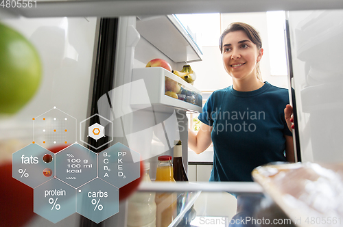 Image of happy woman at open fridge at home kitchen