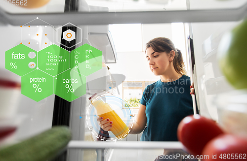 Image of woman taking bottle of juice from fridge at home