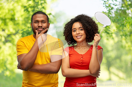 Image of african american couple with blank speech bubble