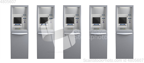 Image of Line of five atm machines isolated on white