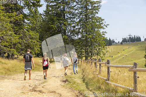 Image of Group of people walking by hiking trail, in Rogla, Slovenia