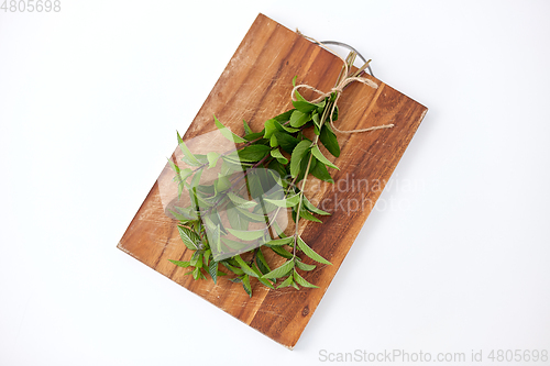 Image of bunch of fresh peppermint on wooden cutting board