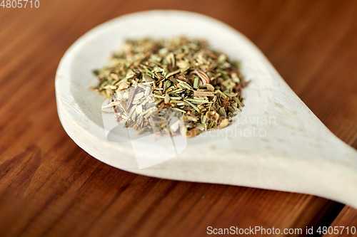 Image of close up of dry spices on wooden spoon