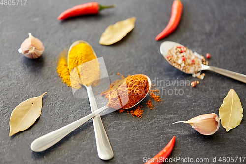 Image of spices, chili pepper, bay leaf and garlic on stone
