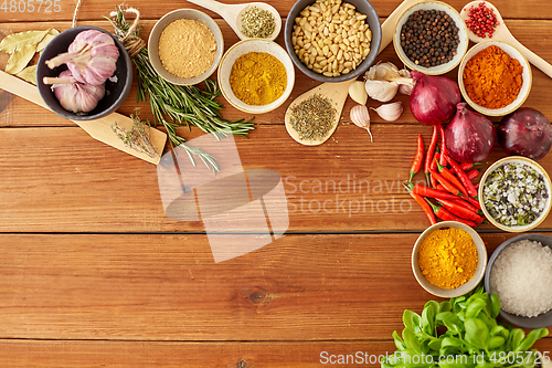 Image of spices, onion, garlic, pine nuts and chili peppers