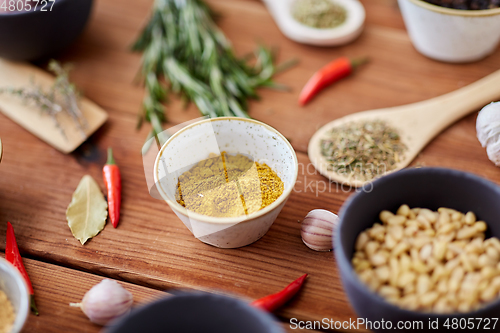 Image of spices, onion, garlic and red hot chili peppers