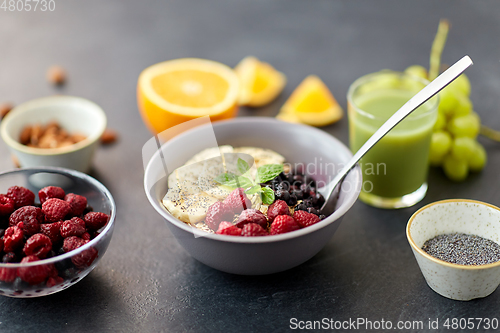 Image of cereal breakfast with berries, banana and spoon