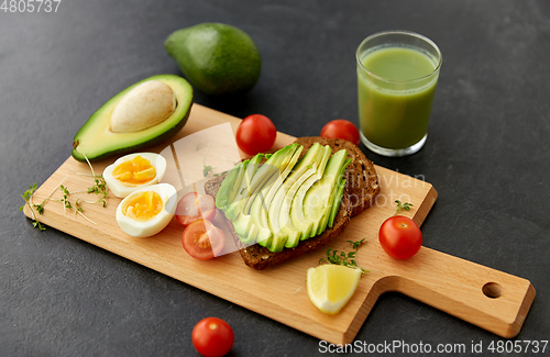 Image of toast bread with avocado, eggs and cherry tomatoes