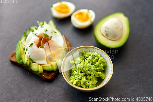 Image of toast bread with avocado, pouched egg and greens