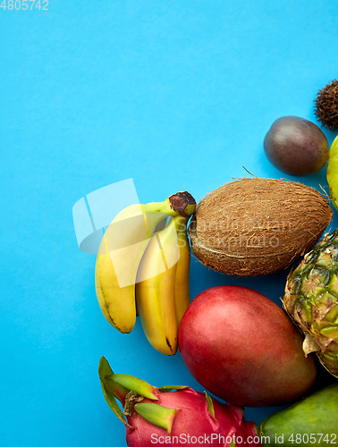 Image of different exotic fruits on blue background