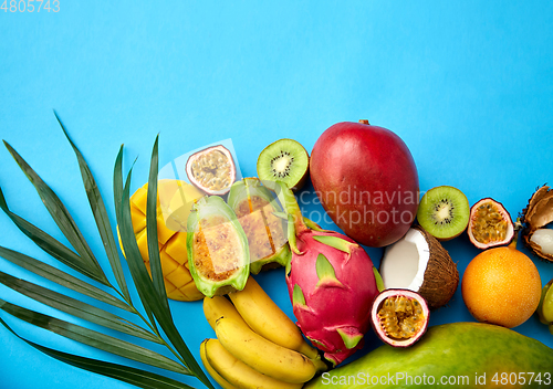 Image of different exotic fruits on blue background