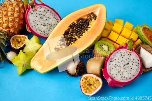 Image of close up of papaya with other exotic fruits