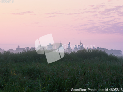 Image of Distant View of the Top of an Orthodox Monastery in a Misty Morn