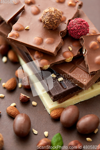 Image of close up of different chocolates, candies and nuts