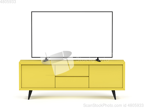 Image of Yellow tv cabinet with flat screen tv