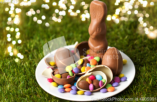 Image of chocolate bunny, eggs and candy drops on plate