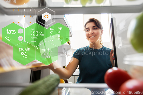 Image of happy woman taking food from fridge at home