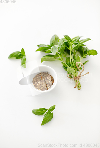 Image of fresh basil and dry seasoning on white background