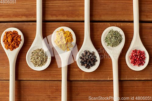 Image of spoons with different spices on wooden table