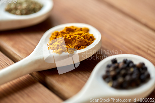 Image of spoons with different spices on wooden table