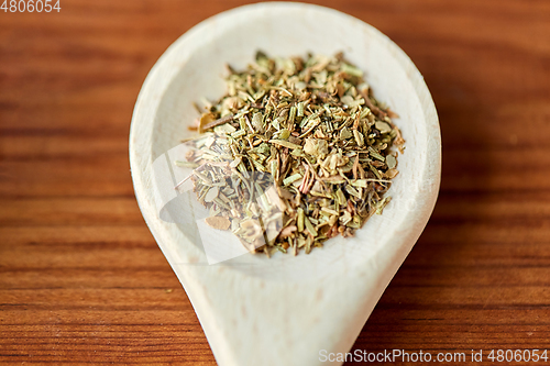 Image of close up of dry spices on wooden spoon