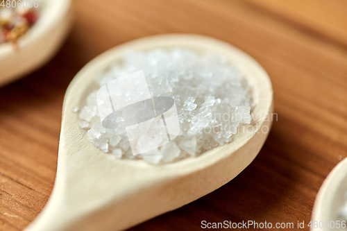 Image of close up of wooden spoon with sea salt