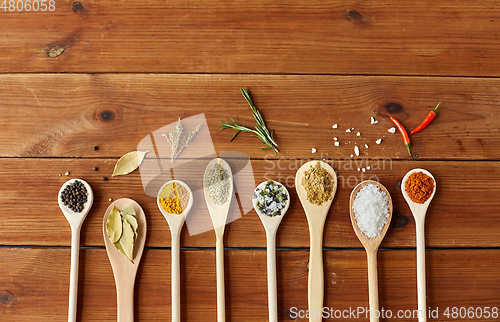 Image of spoons with spices and salt on wooden table