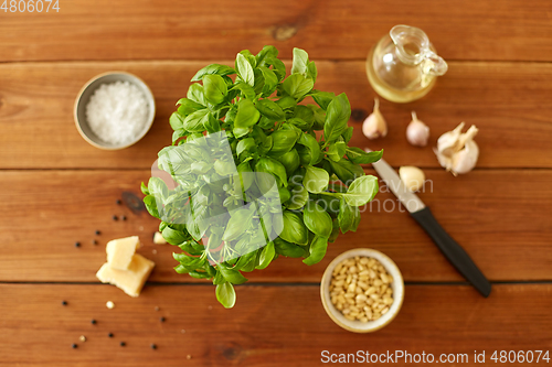 Image of ingredients for basil pesto sauce on wooden table