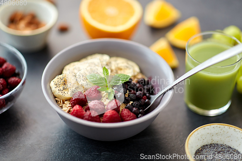 Image of cereal breakfast with berries, banana and spoon