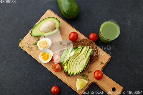 Image of toast bread with avocado, eggs and cherry tomatoes