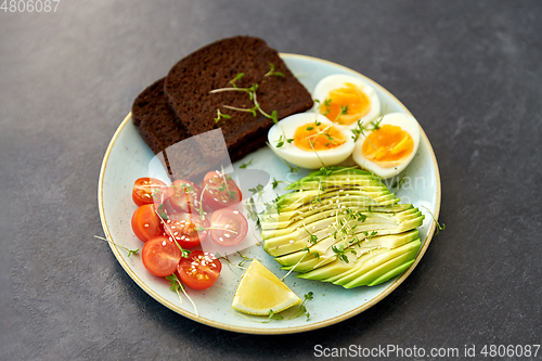 Image of avocado, eggs, toast bread and cherry tomato