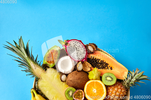 Image of plate of exotic fruits on blue background