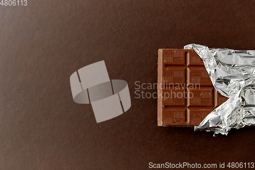 Image of chocolate bar in foil wrapper on brown background