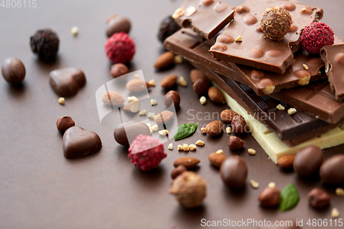 Image of close up of different chocolates, candies and nuts