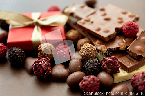 Image of close up of different chocolates, candies and gift