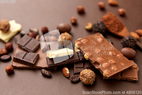 Image of chocolate with nuts, cocoa beans and powder