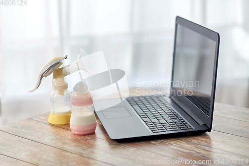 Image of baby milk formula, breast pump and laptop