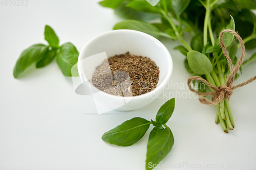 Image of fresh basil and dry seasoning on white background