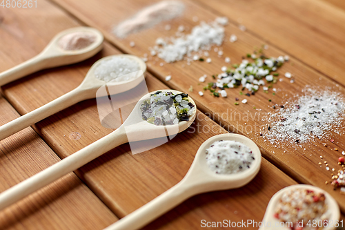 Image of spoons with salt and spices on wooden table