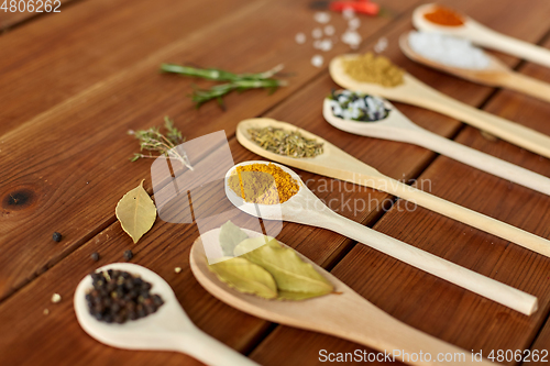 Image of spoons with spices and salt on wooden table