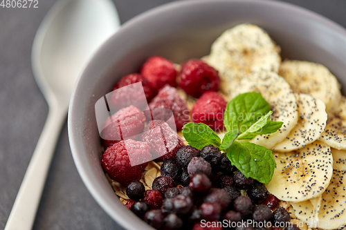 Image of cereal breakfast with berries, banana and mint