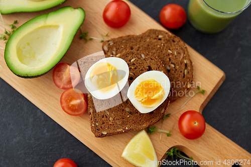 Image of toast bread with eggs, cherry tomatoes and avocado