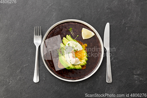 Image of toast bread with sliced avocado and pouched egg