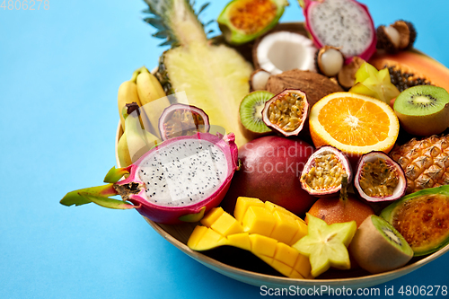 Image of plate of exotic fruits on blue background