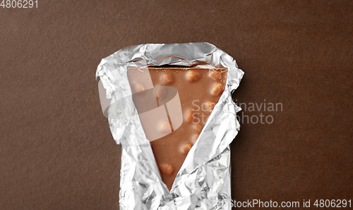 Image of milk chocolate bar with nuts in foil wrapper