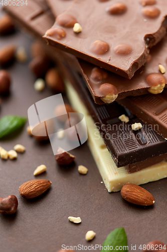 Image of close up of different chocolate bars and nuts