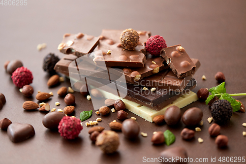 Image of close up of different chocolates, candies and nuts
