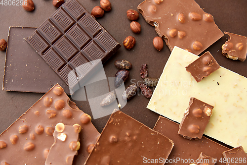 Image of chocolate bars with hazelnuts and cocoa beans