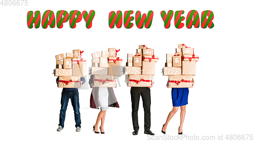 Image of People holding giftboxes on white background, happy New Year and Merry Christmas