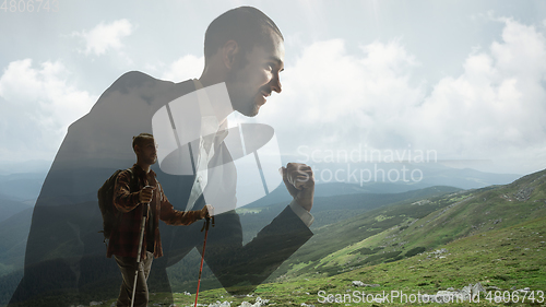 Image of Silhouette of businessman with landscapes on background, double exposure.